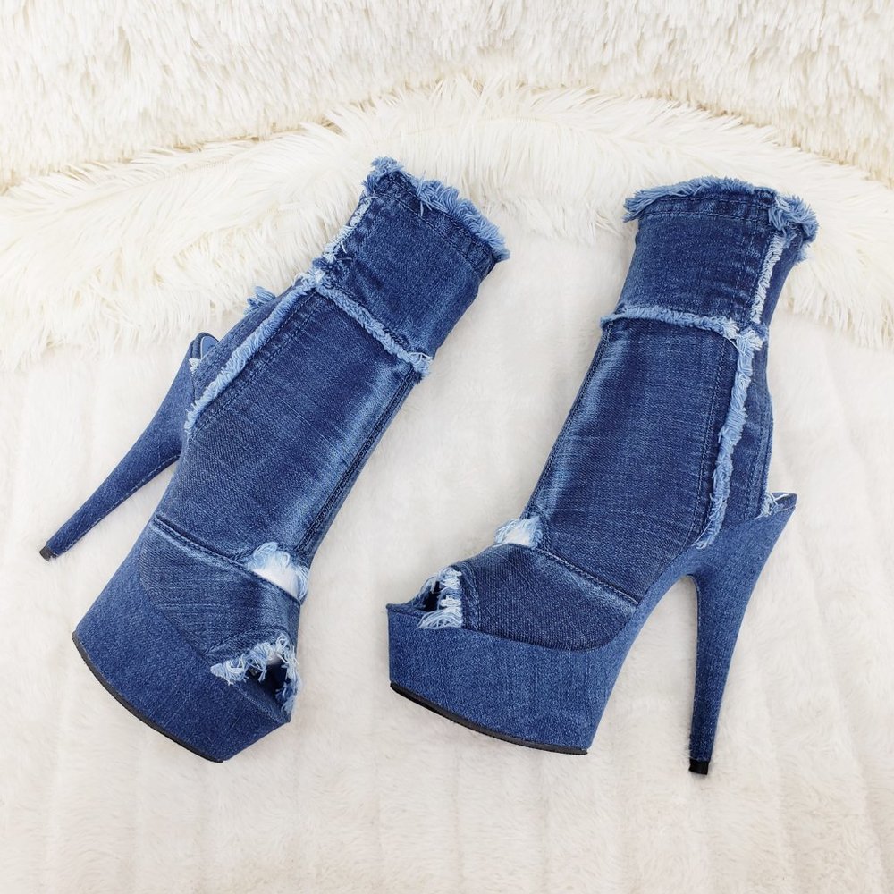 Stretch Denim Frayed Trim Ankle Boots 6" Heels_3